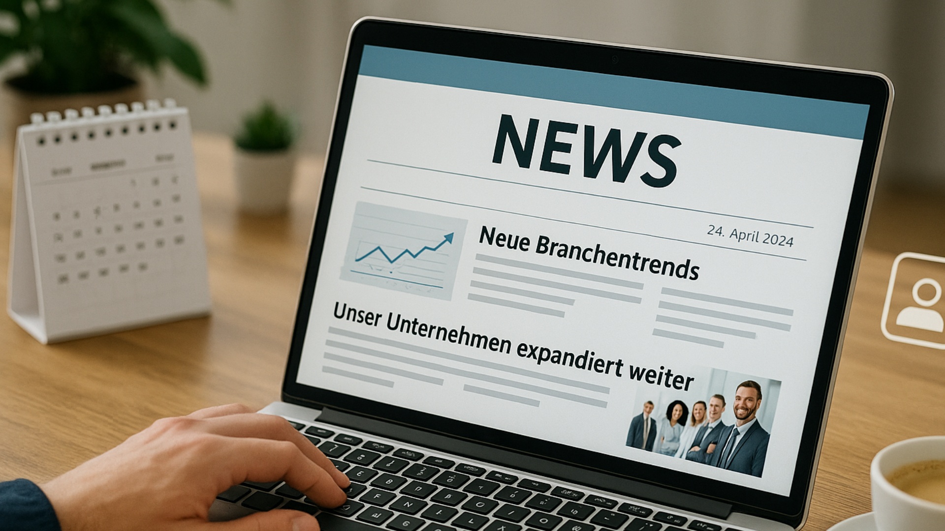 Laptop zeigt Nachrichtenseite mit Überschrift 'Neue Branchentrends' und Artikel 'Unser Unternehmen expandiert weiter'