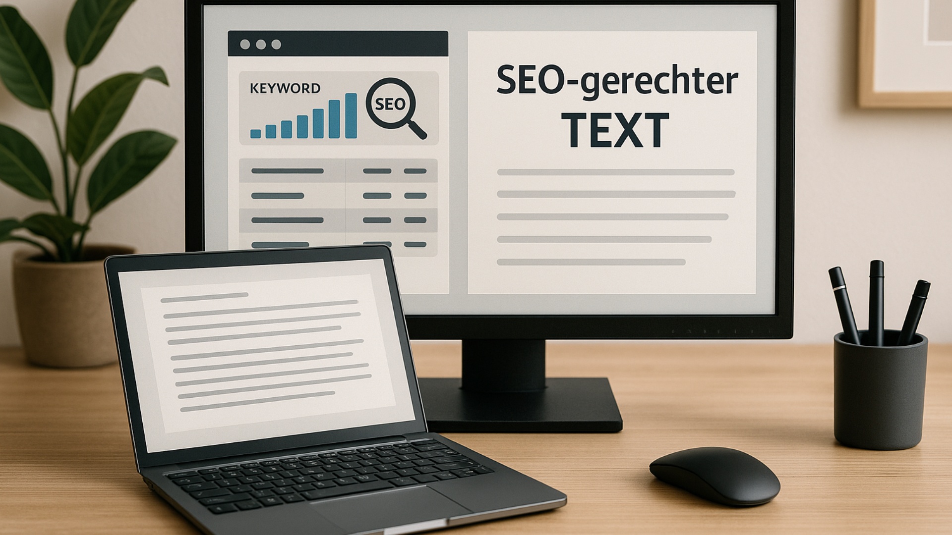 Laptop und Monitor auf Schreibtisch zeigen SEO-Daten und Text mit Überschrift 'SEO-gerechter TEXT'